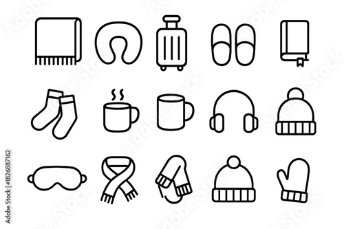 Cozy Travel Essentials. Cozy Travel. Line icon set of Cozy Travel: travel blanket, neck pillow, suitcase, slippers, socks, hot drink, book, headphones, eye