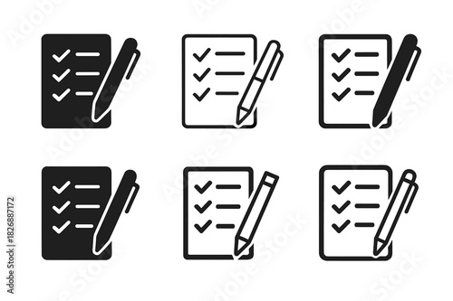 Morning Checklist Icons. Planning the workday with a morning checklist. Icon set. Set Logo of planning the workday with a morning checklist: pen and to-do