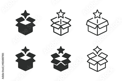 Subscription Box Logos. Subscription boxes. Icon set. Set Logo of subscription boxes: unboxing experience symbol. harmonious logo variations of the same