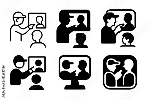 Director Feedback Icons. A director giving feedback to an actor on their performance. Icon set. Set Logo of a director giving feedback to an actor on their