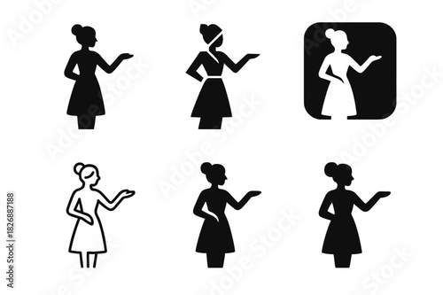 Elegant Hostess Logos. Hostess. Icon set. Set Logo of Hostess: elegant figure greeting guests. harmonious logo variations of the same emblematic concept, each