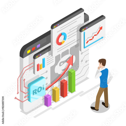 3D Isometric Flat Vector Illustration of ROI, AI Technologies and Financial Income Strategy. Item 3