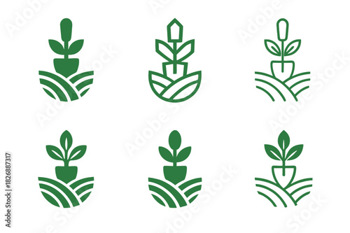 Sustainable Farming Logos. Sustainable farming practices. Icon set. Set Logo of sustainable farming: eco-friendly farm tools. harmonious logo variations of the