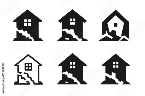 Abandoned House Logos. Dilapidated house with no sign of life. Icon set. Set Logo of abandoned home: crumbling facade. harmonious logo variations of the same