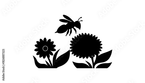 Black and white bee silhouette flying over flowers illustration