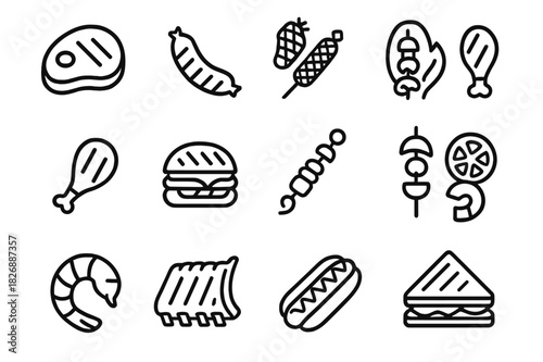 Grilled Foods Icons. Grilled foods. Line icon set of grilled foods: steak, sausage, corn cob, fish, chicken leg, burger, kebab, vegetables, shrimp, ribs, hot