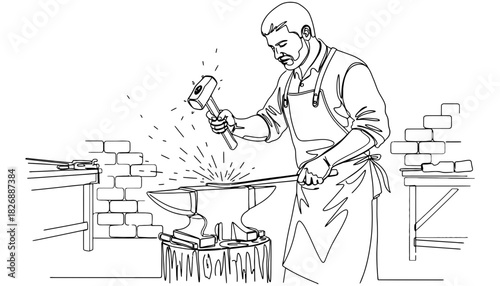 Blacksmithing art line drawing artisan metalwork illustration