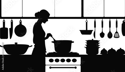 Woman cooking silhouette kitchen scene food preparation art