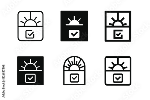 Morning Routine Icons. Morning routine checklist. Icon set. Set Logo of morning routine checklist: sunrise over window. harmonious logo variations of the same