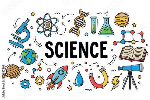 Colorful science doodles featuring lab equipment, planets, and scientific symbols