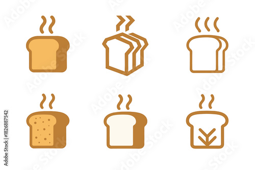 Sliced Bread Logos. Sliced Bread. Icon set. Set Logo of sliced bread: toast with steam lines. harmonious logo variations of the same emblematic concept, each