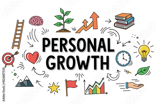 Illustration of personal growth and development with iconic symbols