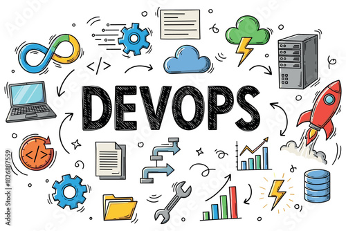 Devops concept with cloud computing icons and tools illustration