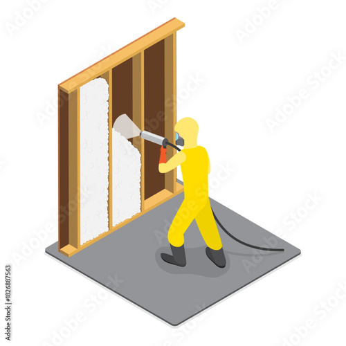 3D Isometric Flat Vector Illustration of Spray Foam Insulation, Construction Service, House Renovation. Item 3