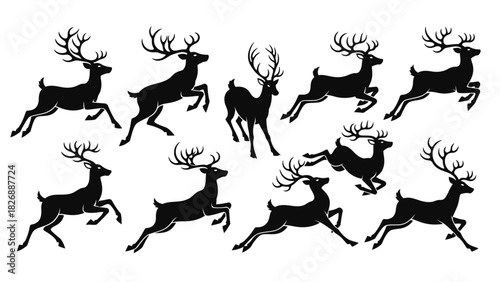Collection of Black Silhouettes of Reindeer in Various Poses, Illustrating Movement and Grace