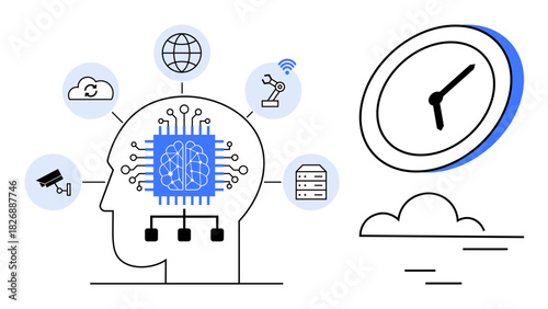 AI-enhanced head with technical nodes thumbs up IoT cloud, network, surveillance, automation. Clock highlights time, progress, intelligence. Ideal for technology, AI time connectivity automation