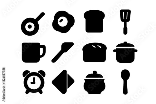 Morning Kitchen Icons. Kitchen morning. Solid icon set of kitchen morning: frying pan, egg, toast, spatula, coffee mug, butter knife, bread loaf, pot, clock,