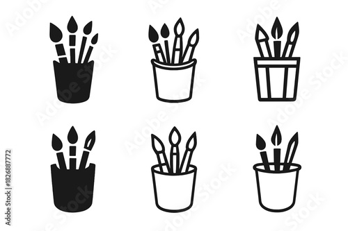 Art Supplies Emblem. Art supplies in a cup. Icon set. Set Logo of art supplies in a cup: Cup overflowing with brushes. harmonious logo variations of the same