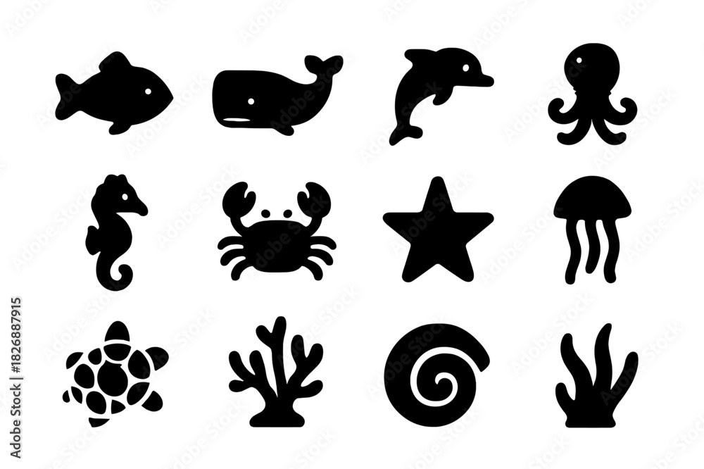 Obraz premium Aquatic Icons Grid. Aquatic Fauna. Solid icon set of fish, whale, dolphin, octopus, seahorse, crab, starfish, jellyfish, turtle, coral, shell, seaweed. Filled