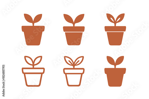 Plant Pot Icons. Plant pot. Icon set. Set Logo of plant pot: terracotta pot. harmonious logo variations of the same emblematic concept (Flat solid, Symmetrical