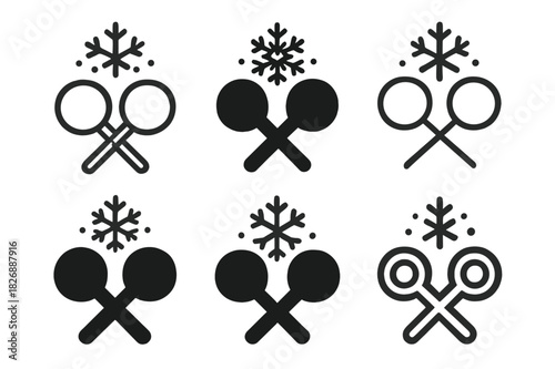 Snowball Fight Logos. Snowball fight. Icon set. Set Logo of snowball fight: crossed snowballs with winter sparkle emblem. harmonious logo variations of the