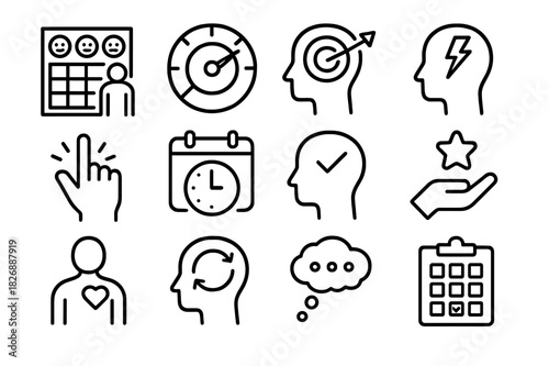 Behavioral Health Icons. Behavioral health. Line icon set of behavioral health: behavior chart, mood tracker, goal setting, stress level icon, impulse control,