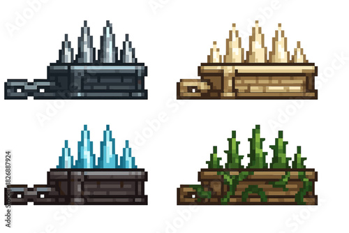 Dangerous sharp obstacles collection featuring metal, bone, ice, and overgrown plant spikes