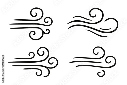 Collection of hand drawn wind icons depicting air movement and weather elements