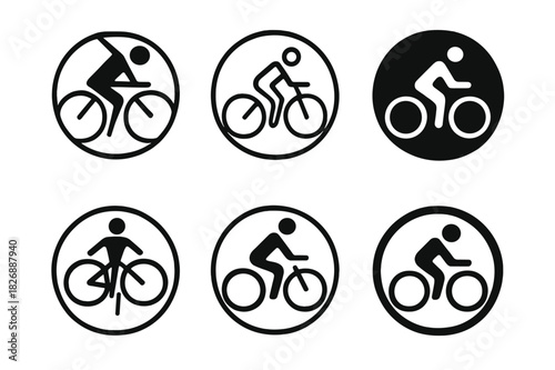 Cyclist Icon Variations. Person on bicycle. Icon set. Set Logo of person on bicycle: silhouette of cyclist in motion within circular frame. harmonious logo