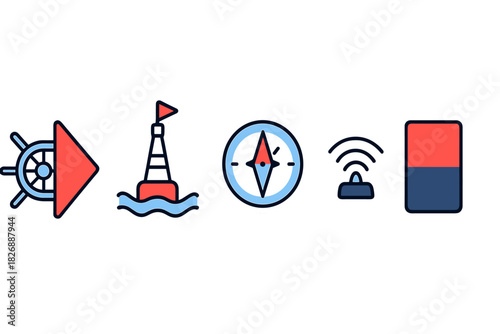 Nautical and navigation symbols set featuring ship wheel, sea buoy, and compass icons