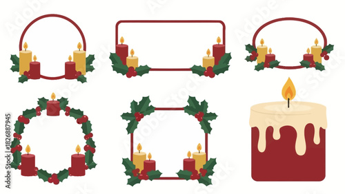 Festive Christmas Candle Wreaths and Decorative Frames with Holly and Berries - Holiday Themed Elements