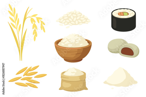 Collection of rice grains, plant, cooked food, and derived dishes on white background