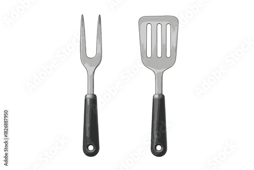 Stainless steel grilling utensils set featuring meat fork and slotted spatula