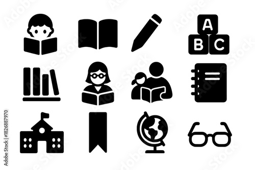 Reading Program Icons. Reading Programs. Solid icon set of child reading, open book, pencil, alphabet blocks, library, teacher, storytelling, notebook, school
