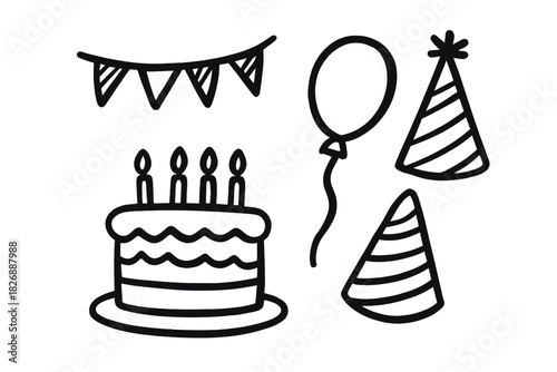 Hand drawn doodle set of birthday party celebration elements: cake, candles, balloon, hats, banner flags