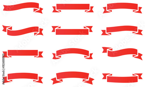 Red Ribbon Banner Vector Set featuring multiple decorative ribbon shapes arranged in a uniform layout, ideal for labels, badges, packaging design, award graphics, and celebration-themed projects.