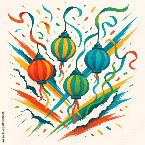 Carnival lanterns with streamers torn vector distressed cuts colorful highlights on white background