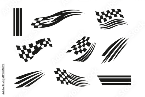 Collection of dynamic racing flag and speed stripe graphic elements for automotive decal design