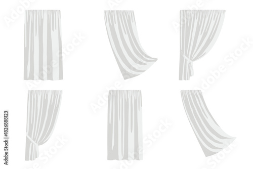 Realistic white curtains set in various positions and styles for interior design