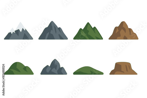 Eight stylized mountain and hill shapes including snow-capped peaks and grassy slopes
