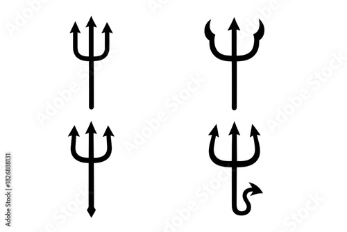 Stylized black trident and devil pitchfork symbols set for mythology and evil themes