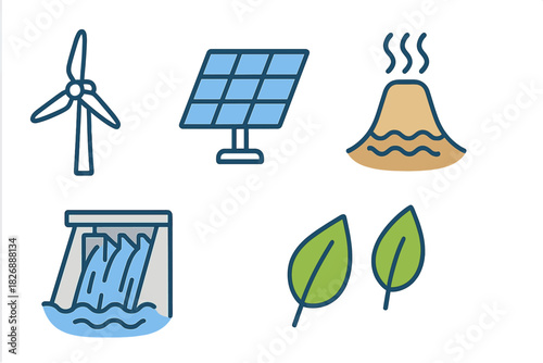 Sustainable energy resources set including solar, wind, hydro, and geothermal power