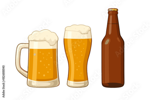 Assortment of beer drinks in a stein, pilsner glass, and sealed bottle