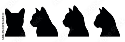 Series of cat head silhouette vectors showcasing clean feline side profiles, perfect for pet branding, stickers, icons, animal graphics, and elegant design elements for creative illustration projects.