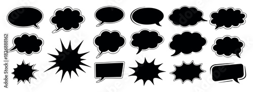 Bold comic speech bubble silhouette vector set featuring dynamic dialogue clouds, impact bursts, dramatic reaction shapes and expressive message frames ideal for cartoons, pop art and graphic 
