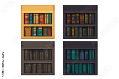Four pixelated bookshelves filled with colorful books displayed in various color palettes