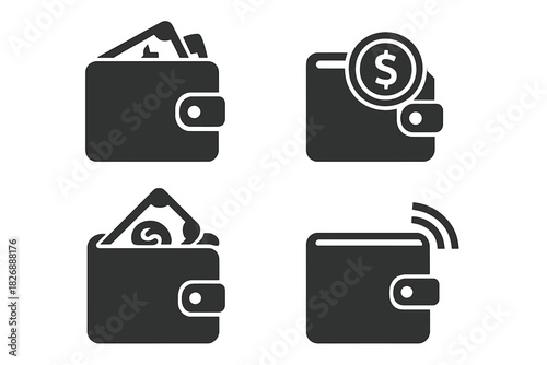 Monochrome set of four symbols representing wallets, cash, currency, and digital payment methods
