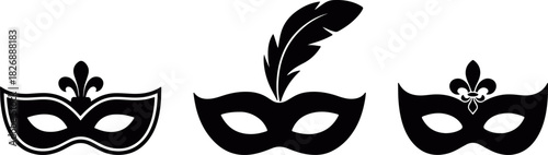 Elegant carnival mask silhouette set featuring decorative masquerade masks with ornate feathers and classic festival details, perfect for party invitations, celebration graphics and stylish costume 