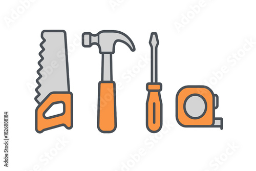 Set of essential construction and repair tools including handsaw, hammer, and screwdriver