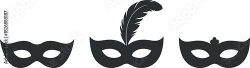 Elegant masquerade mask collection featuring classic carnival masks with detailed feather accents and stylish festive silhouettes, perfect for celebration graphics, party invitations and decorative 